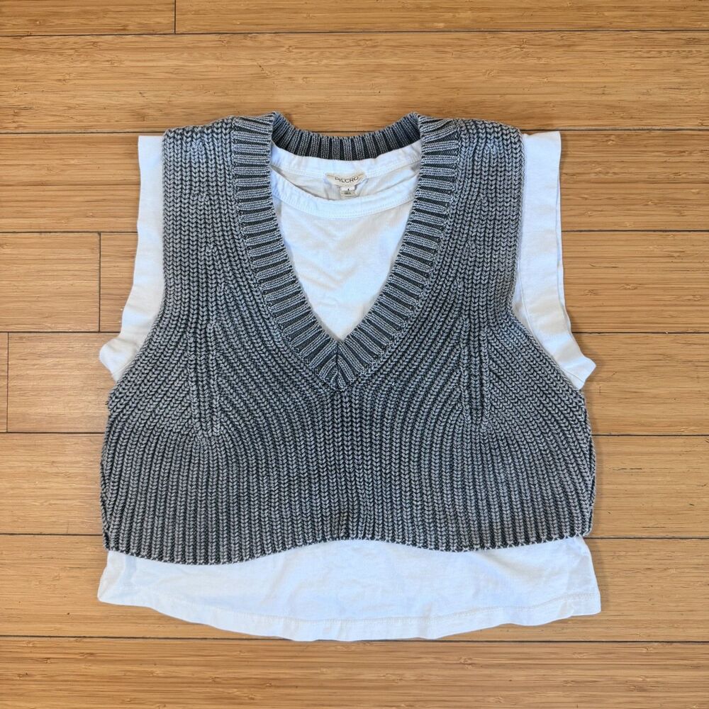 Pilcro Twofer Sweater Tee Gray White 2-in-1 Top S Anthropologie